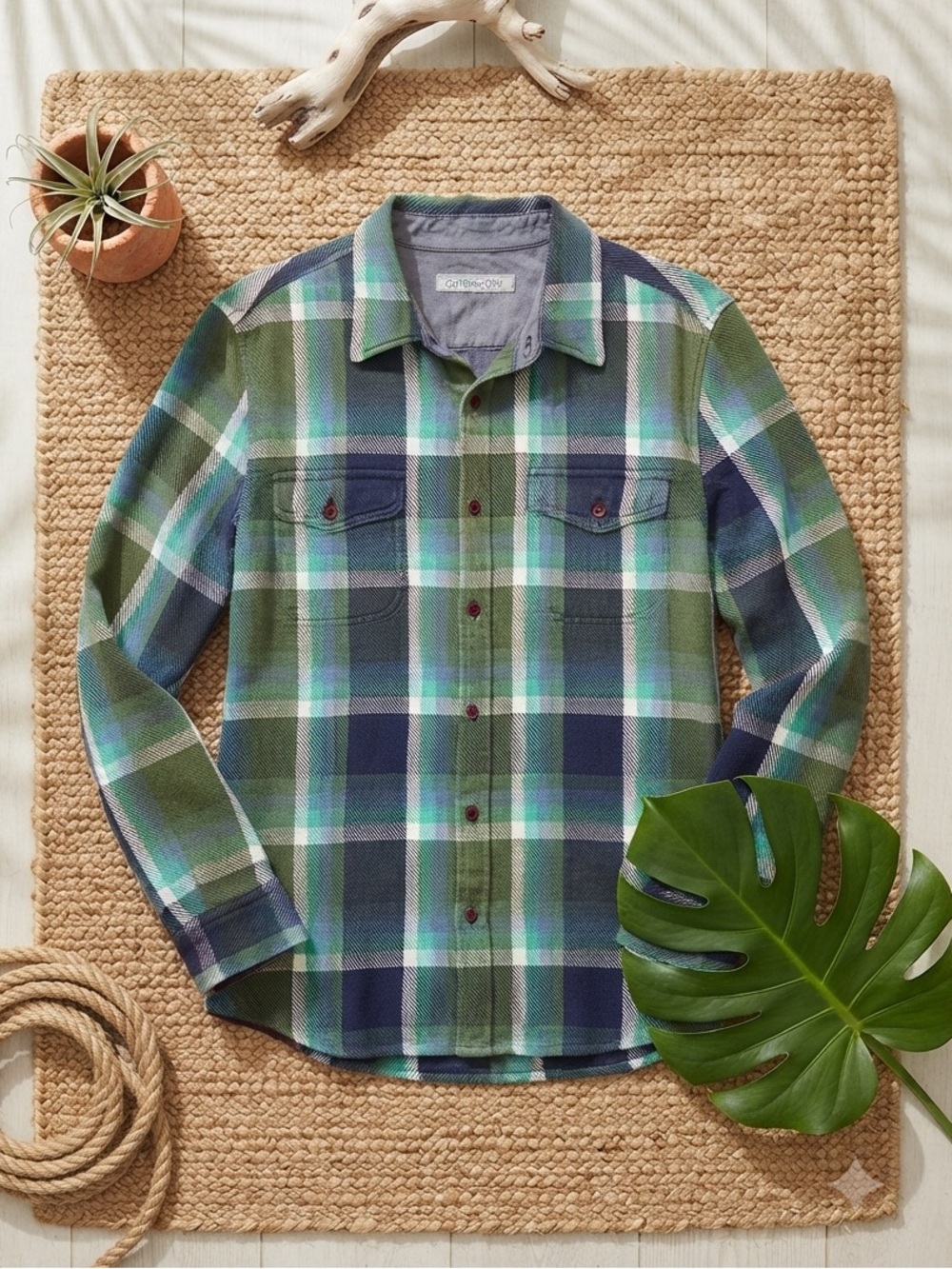 OUTERKNOWN Plaid Organic Cotton Flannel Shacket | Navy Blue & Seafoam Green